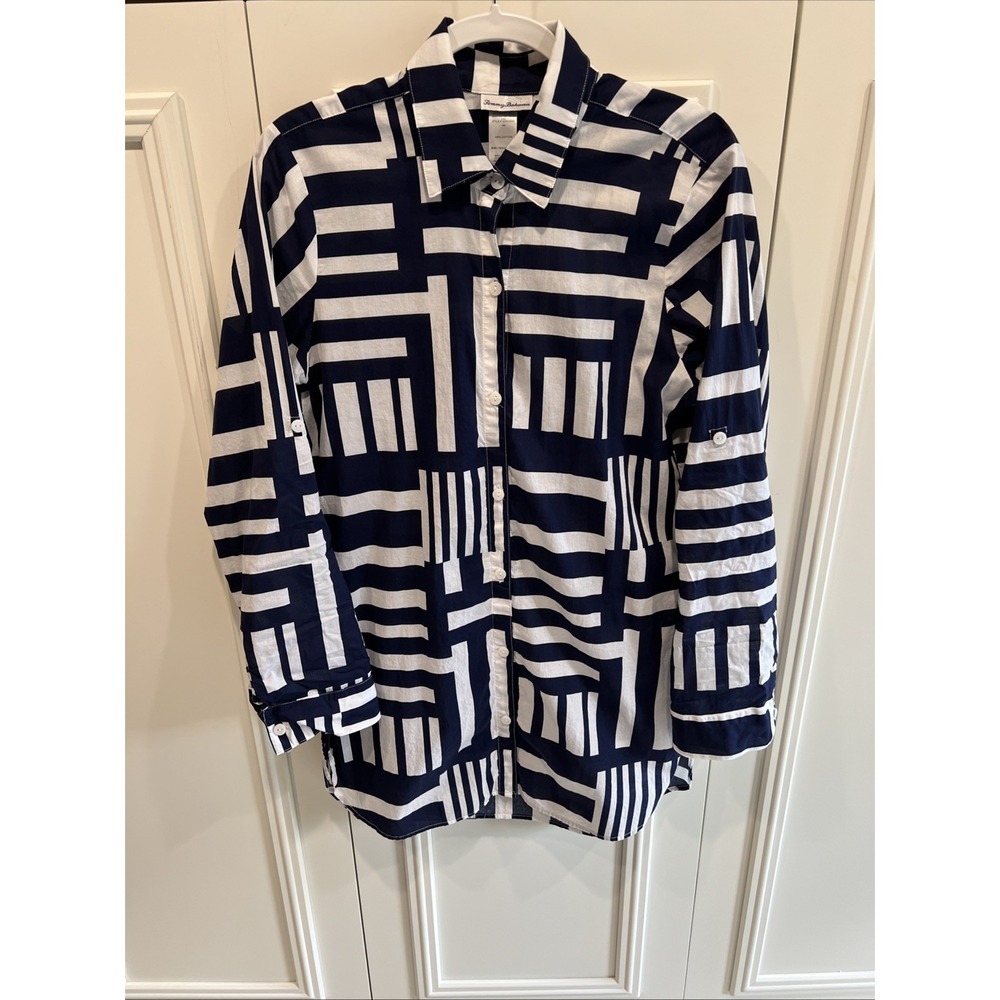 Tommy Bahama Blue & White Geometric Stripe Shirt Dress Nautical Preppy Artsy